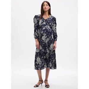 Gap Maternity Blue Floral Printed Puff Sleeve Midi Dress